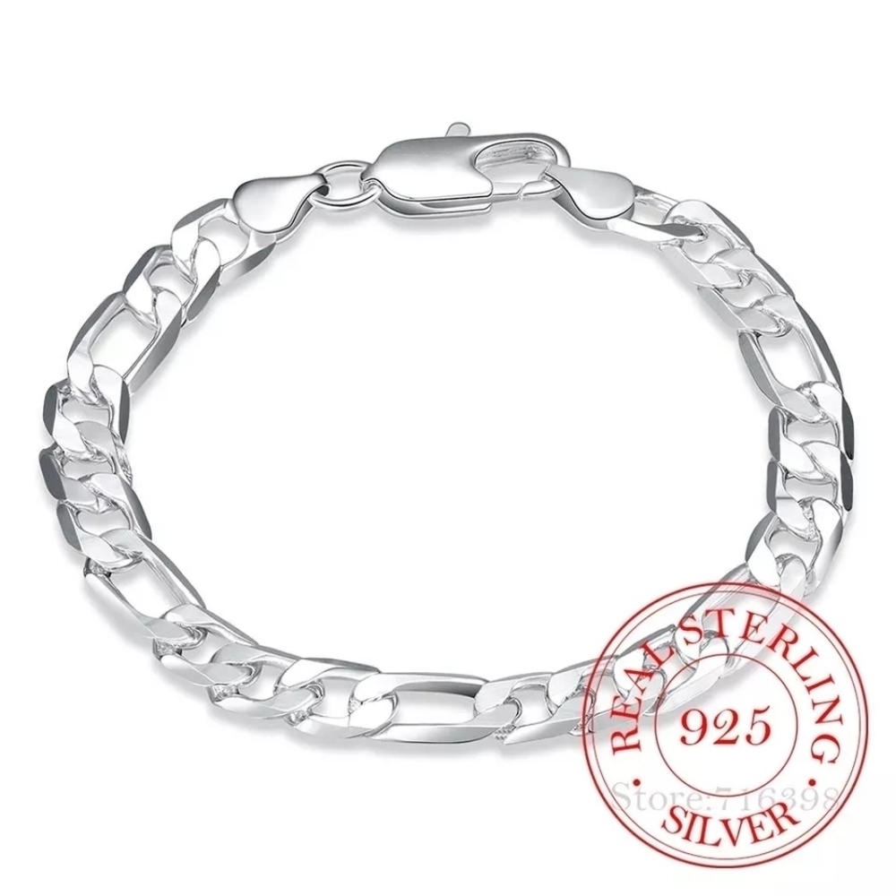 NEW Unisex Silver Figaro Chain Bracelet 925‎ Sterling Silver Bangle